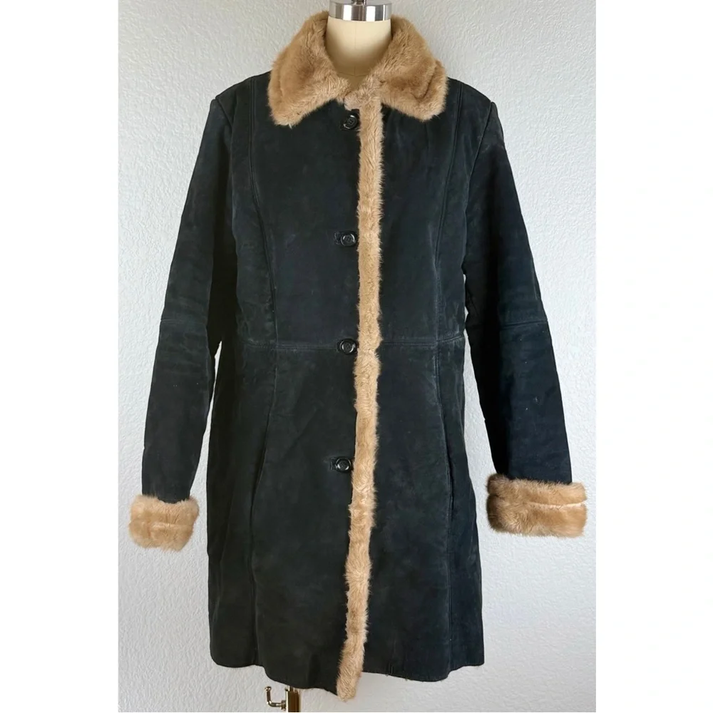 U.S.A. Leather Vintage 70s Style Penny Lane Sherpa Lined Coat 
Black w/Tan Large - Picture 2 of 11
